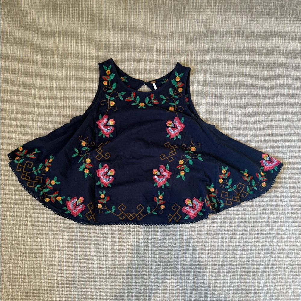 Free People Navy Tank Top with Floral Embroidery